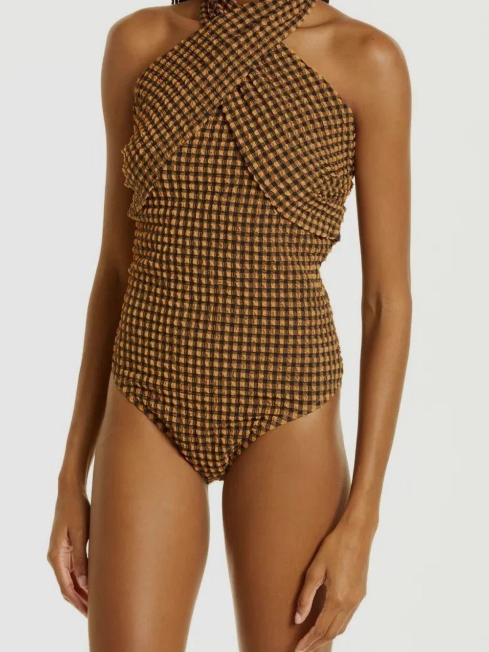 Nanushka Brown Check Cross-Neck Bodysuit Small